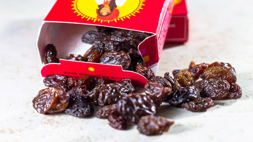 mindful exercises for toddlers: box of raisins spilled over